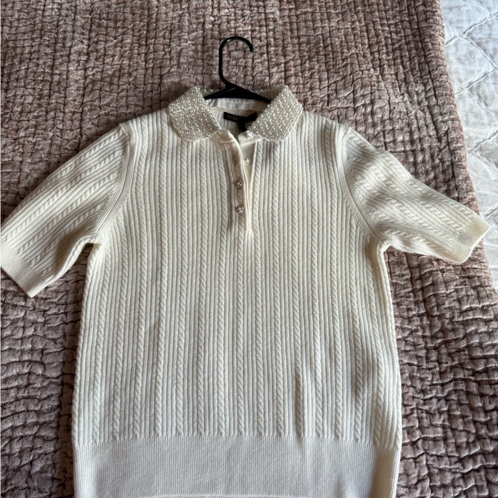 Maje White Knit Sweater with Embellished Collar